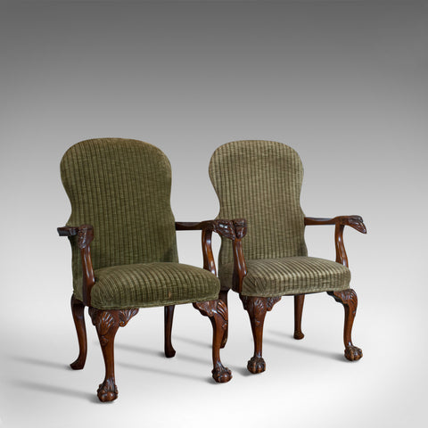 Pair of Victorian Revival Elbow Chairs, Mahogany, Lounge, Armchairs C20th - London Fine Antiques