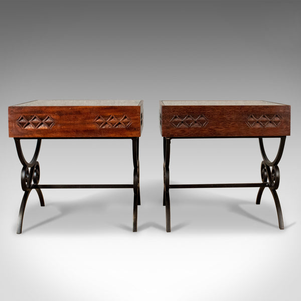 Pair of Vintage Asian Side Tables, Heavy, Carved, Teak, Coffee, Glass Late C20th - London Fine Antiques