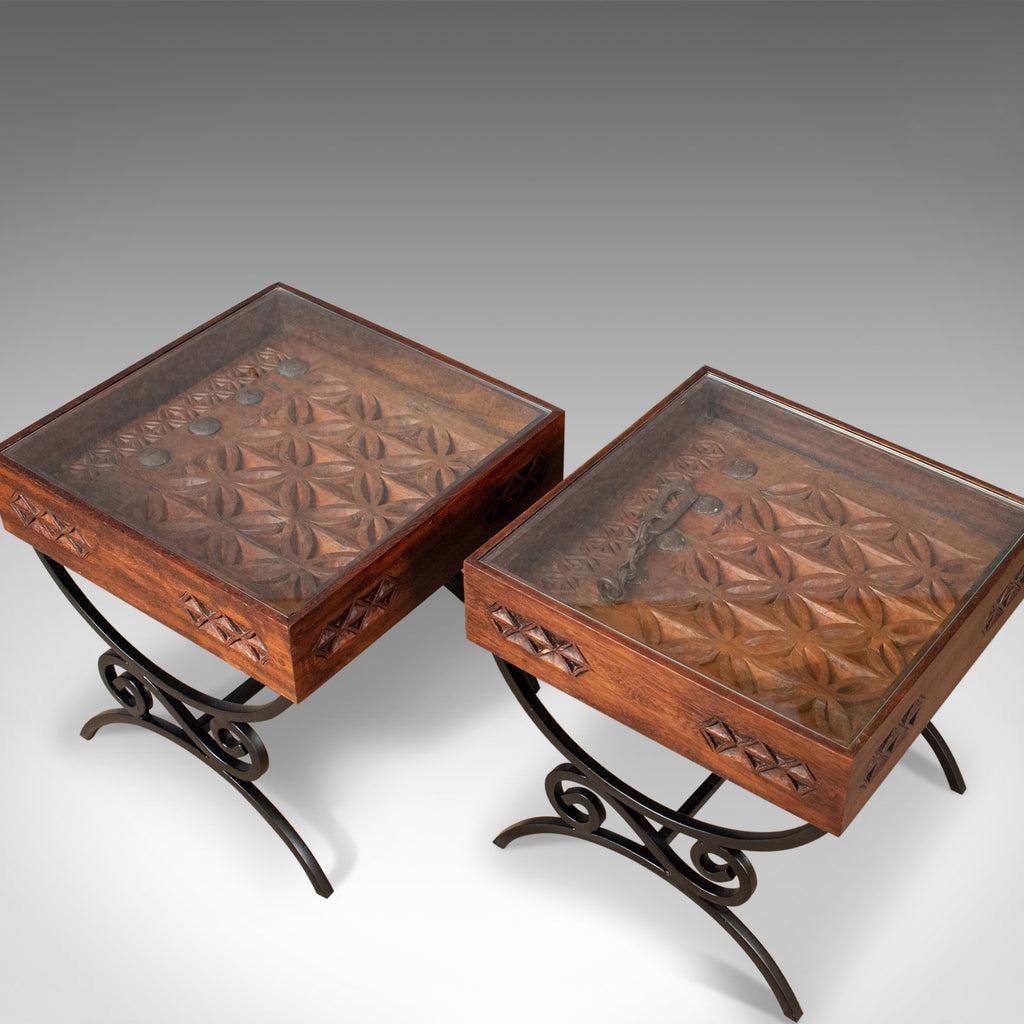 Pair of Vintage Asian Side Tables, Heavy, Carved, Teak, Coffee, Glass Late C20th - London Fine Antiques