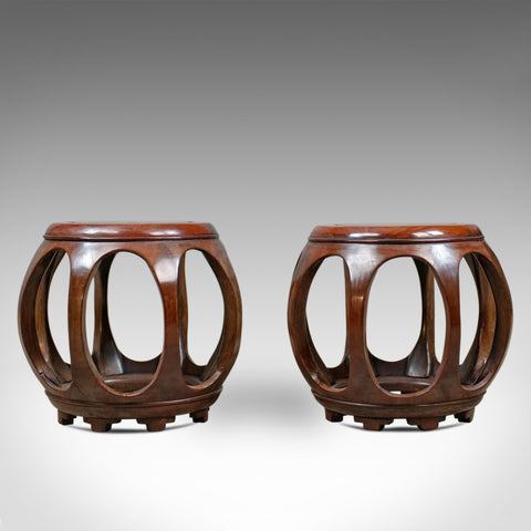 Pair of Vintage Chinese Barrel Side Tables, Huali Rosewood, Stools, C20th - London Fine Antiques