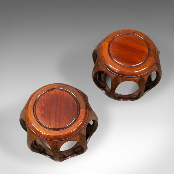 Pair of Vintage Chinese Barrel Side Tables, Huali Rosewood, Stools, C20th - London Fine Antiques