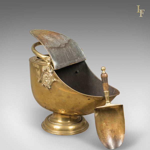 Victorian Coal Scuttle, Brass Fireside Bin with Integral Shovel, English - London Fine Antiques