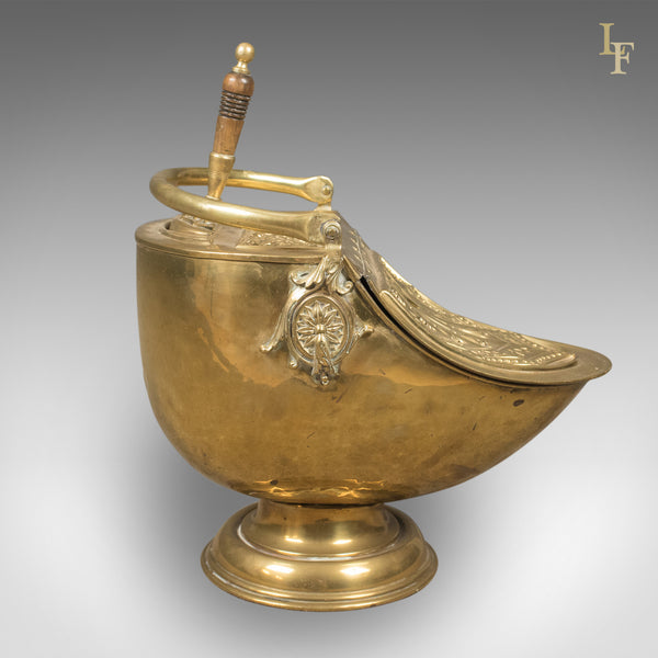 Victorian Coal Scuttle, Brass Fireside Bin with Integral Shovel, English - London Fine Antiques