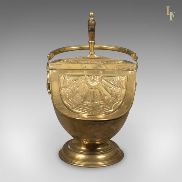 Victorian Coal Scuttle, Brass Fireside Bin with Integral Shovel, English - London Fine Antiques