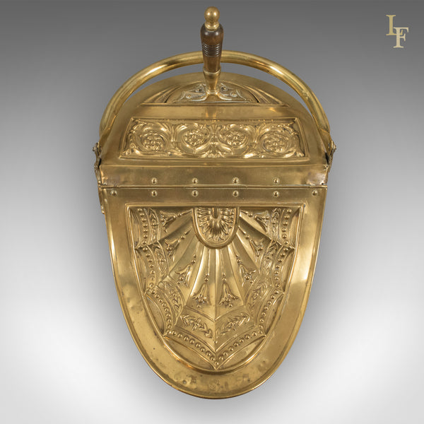 Victorian Coal Scuttle, Brass Fireside Bin with Integral Shovel, English - London Fine Antiques