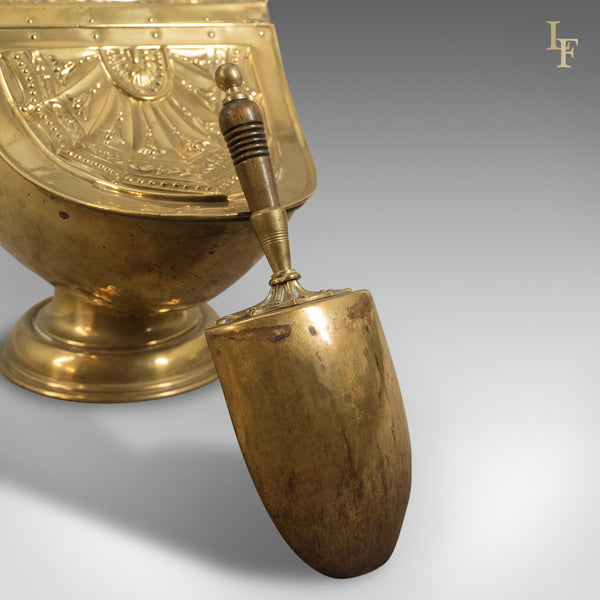 Victorian Coal Scuttle, Brass Fireside Bin with Integral Shovel, English - London Fine Antiques
