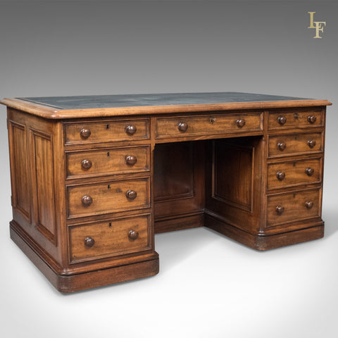 Large Antique Pedestal Desk, English, Mahogany, Victorian, Partners c.1860 - London Fine Antiques