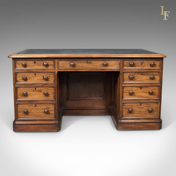 Large Antique Pedestal Desk, English, Mahogany, Victorian, Partners c.1860 - London Fine Antiques