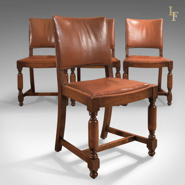 Set of Four Antique Dining Chairs, Edwardian Oak and Leather c.1910 - London Fine Antiques