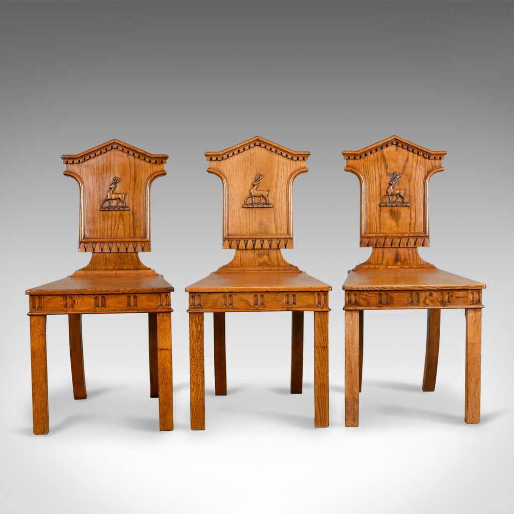 Set Of Three Antique Hall Chairs, Oak, Scottish, Stag, Regency Circa 1820 - London Fine Antiques