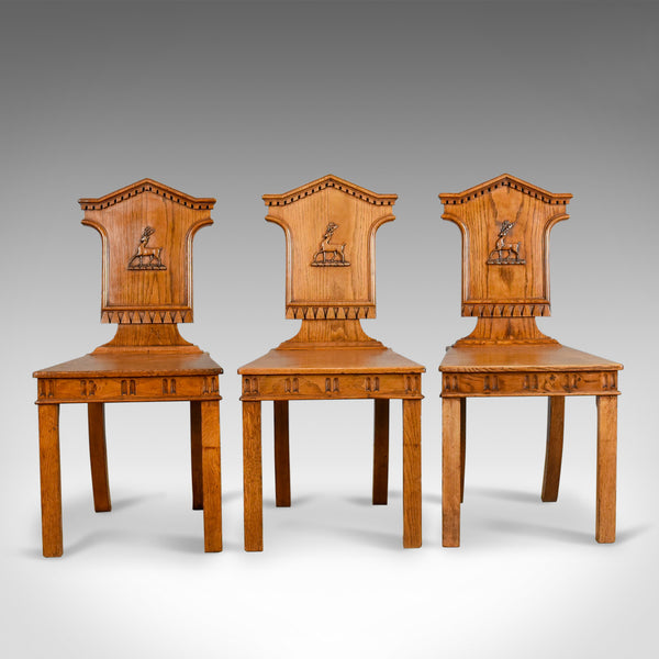 Set Of Three Antique Hall Chairs, Oak, Scottish, Stag, Regency Circa 1820 - London Fine Antiques