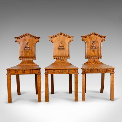 Set Of Three Antique Hall Chairs, Oak, Scottish, Stag, Regency Circa 1820 - London Fine Antiques