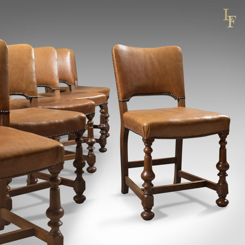 Set of 6 Antique Dining Chairs, Oak & Leather, English, Edwardian c.1910 - London Fine Antiques
