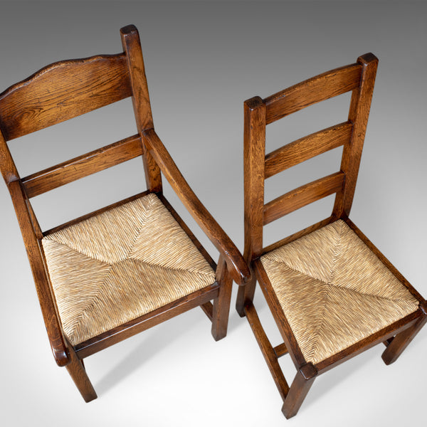 Set of Eight Dining Chairs, C20th English Oak in Victorian Taste, Rush Seats - London Fine Antiques