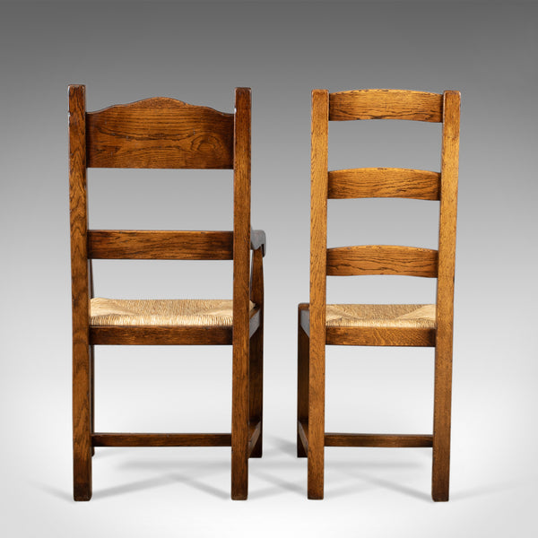 Set of Eight Dining Chairs, C20th English Oak in Victorian Taste, Rush Seats - London Fine Antiques