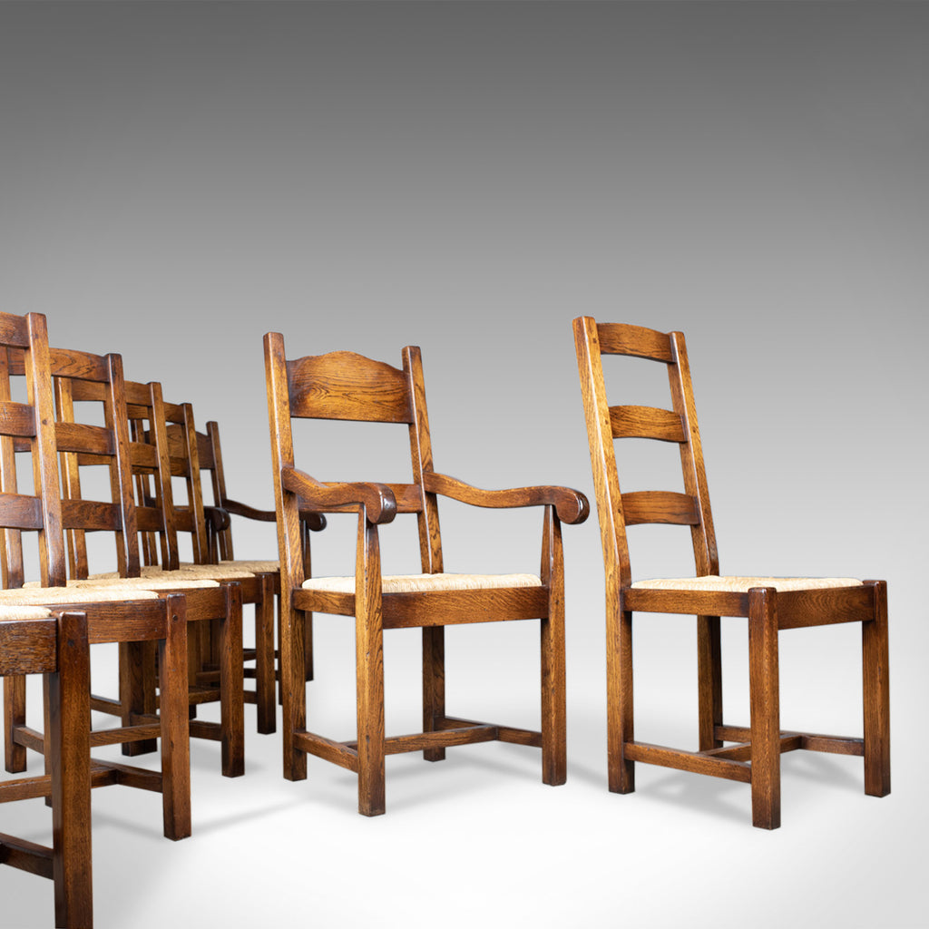 Set of Eight Dining Chairs, C20th English Oak in Victorian Taste, Rush Seats - London Fine Antiques