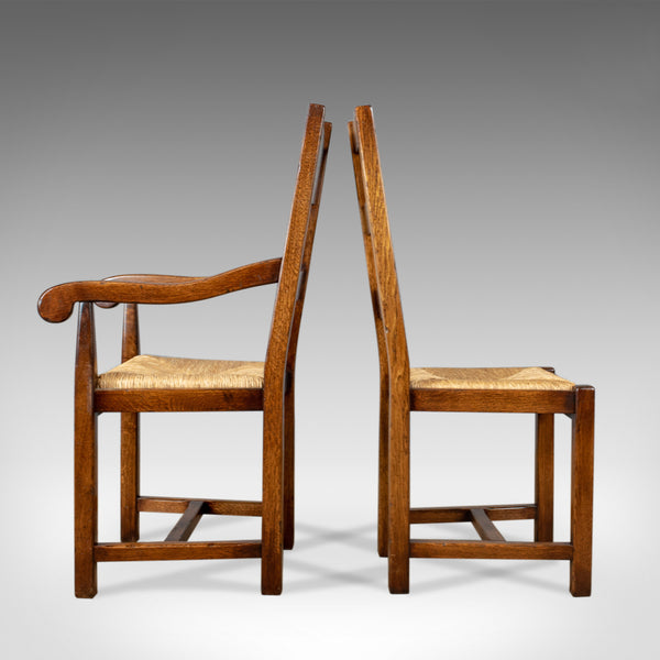 Set of Eight Dining Chairs, C20th English Oak in Victorian Taste, Rush Seats - London Fine Antiques