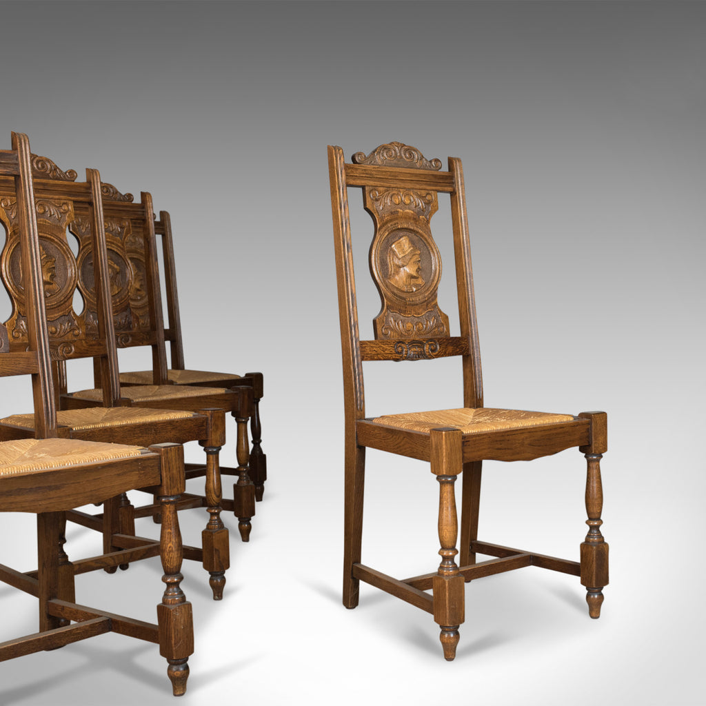 Set of Five Antique Dining Chairs, Flemish Country Kitchen, Oak, Rush Circa 1910 - London Fine Antiques