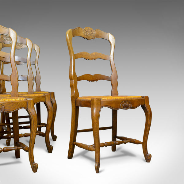 Set of Four, French Antique Dining Chairs, Country, Kitchen, Oak, Rush, c.1930 - London Fine Antiques