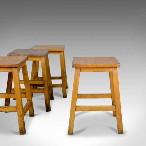 Set of Four Vintage, Low, Lab Stools, English, Beech, Seats, 20th Century - London Fine Antiques