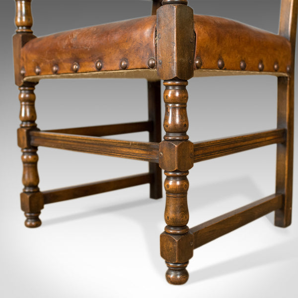 Set of Six Antique Dining Chairs, Edwardian in 17th Century Taste, Oak Leather - London Fine Antiques