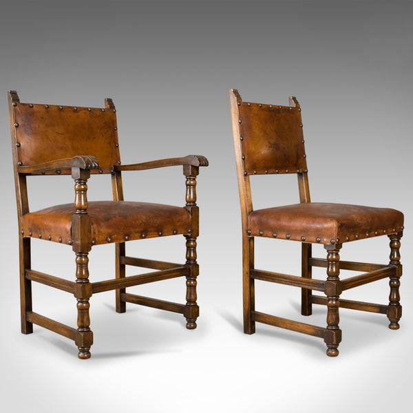 Set of Six Antique Dining Chairs, Edwardian in 17th Century Taste, Oak Leather - London Fine Antiques