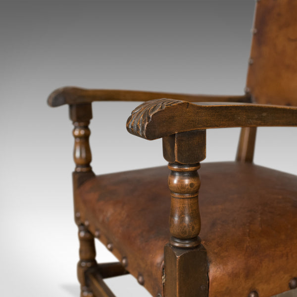 Set of Six Antique Dining Chairs, Edwardian in 17th Century Taste, Oak Leather - London Fine Antiques