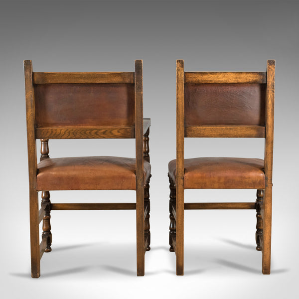 Set of Six Antique Dining Chairs, Edwardian in 17th Century Taste, Oak Leather - London Fine Antiques