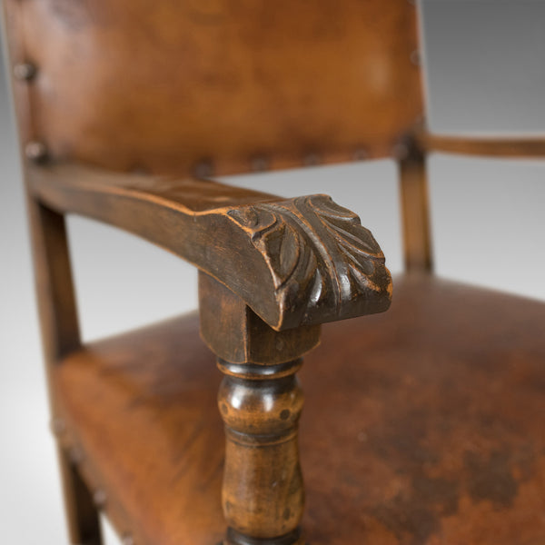 Set of Six Antique Dining Chairs, Edwardian in 17th Century Taste, Oak Leather - London Fine Antiques