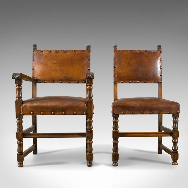 Set of Six Antique Dining Chairs, Edwardian in 17th Century Taste, Oak Leather - London Fine Antiques
