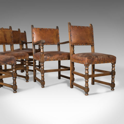 Set of Six Antique Dining Chairs, Edwardian in 17th Century Taste, Oak Leather - London Fine Antiques