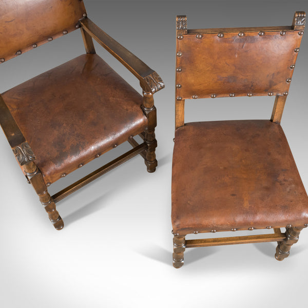 Set of Six Antique Dining Chairs, Edwardian in 17th Century Taste, Oak Leather - London Fine Antiques