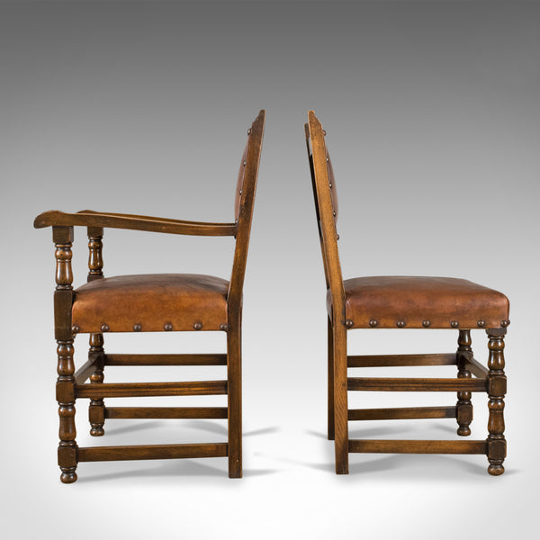 Set of Six Antique Dining Chairs, Edwardian in 17th Century Taste, Oak Leather - London Fine Antiques