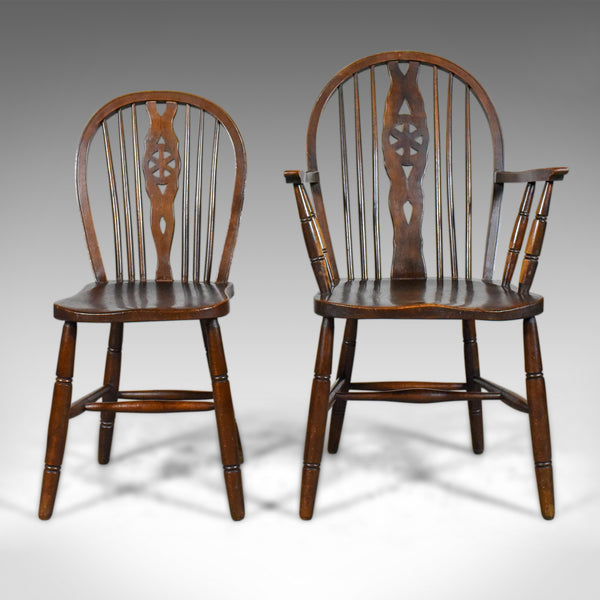 Set of Six Antique Dining Chairs, English Hoop Back Windsor Wheelback Elm c1900 - London Fine Antiques