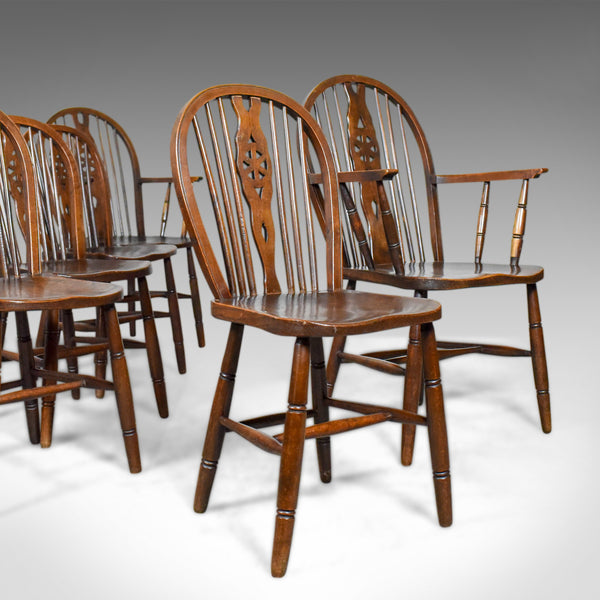 Set of Six Antique Dining Chairs, English Hoop Back Windsor Wheelback Elm c1900 - London Fine Antiques