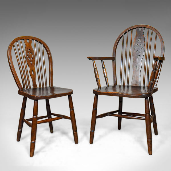 Set of Six Antique Dining Chairs, English Hoop Back Windsor Wheelback Elm c1900 - London Fine Antiques