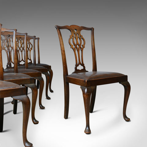 Set of Six Antique Dining Chairs, Victorian, Chippendale Revival, Leather c1900 - London Fine Antiques