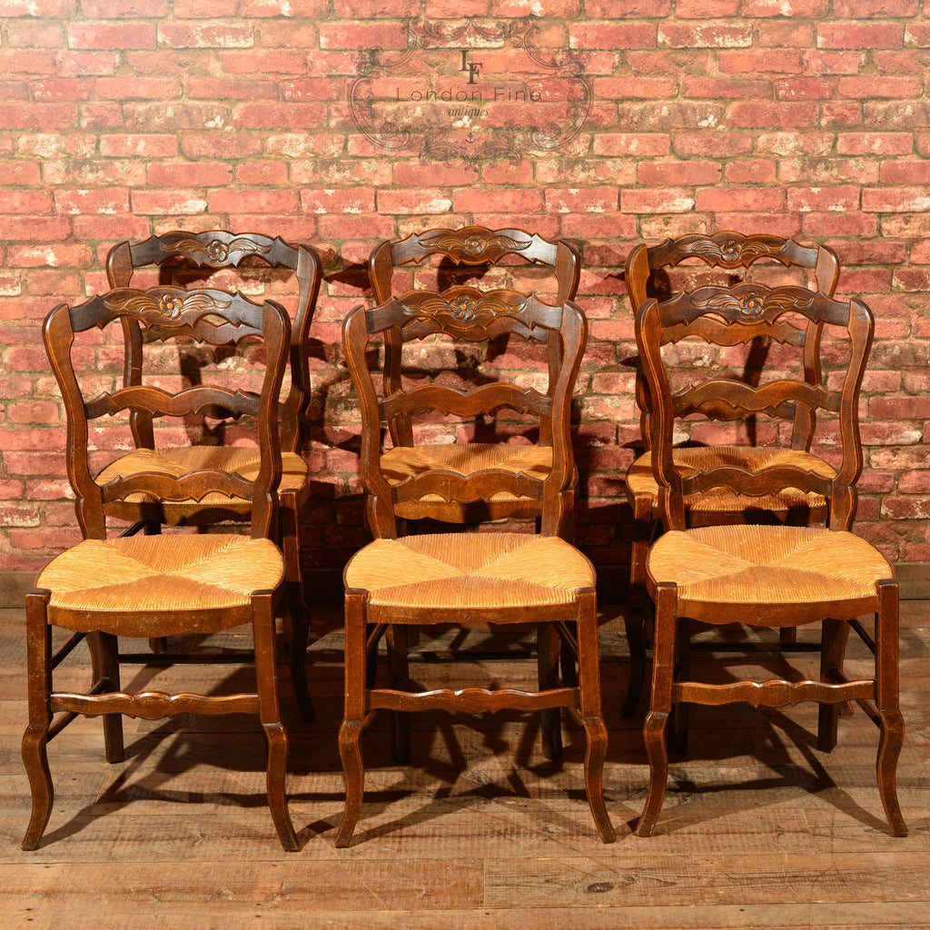 Set of Six Antique French Rush Seat Dining Chairs - London Fine Antiques