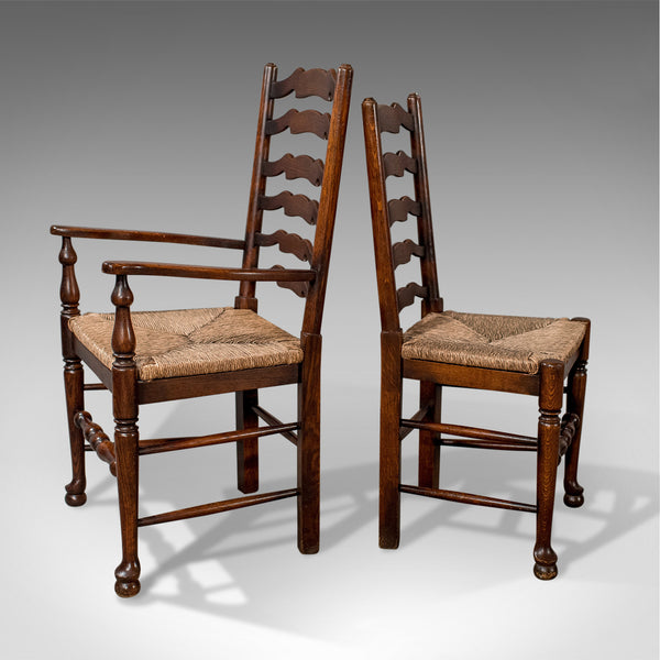 Set of Six Antique Oak Wavy Line Ladderback Dining Chairs, Edwardian Circa 1910 - London Fine Antiques