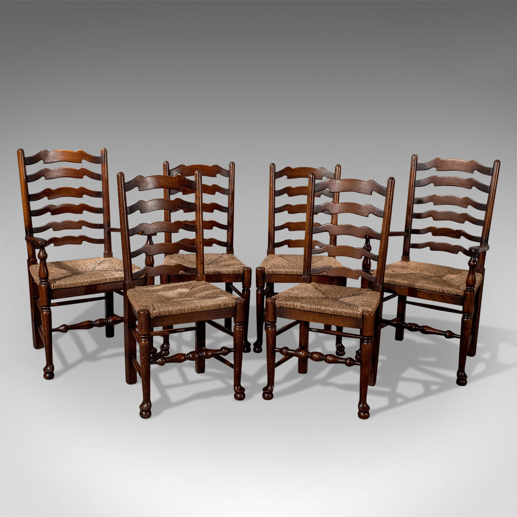 Set of Six Antique Oak Wavy Line Ladderback Dining Chairs, Edwardian Circa 1910 - London Fine Antiques