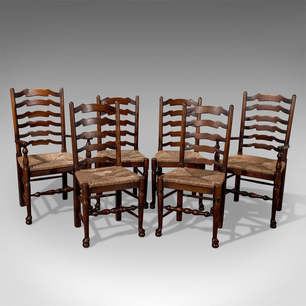 Set of Six Antique Oak Wavy Line Ladderback Dining Chairs, Edwardian Circa 1910 - London Fine Antiques