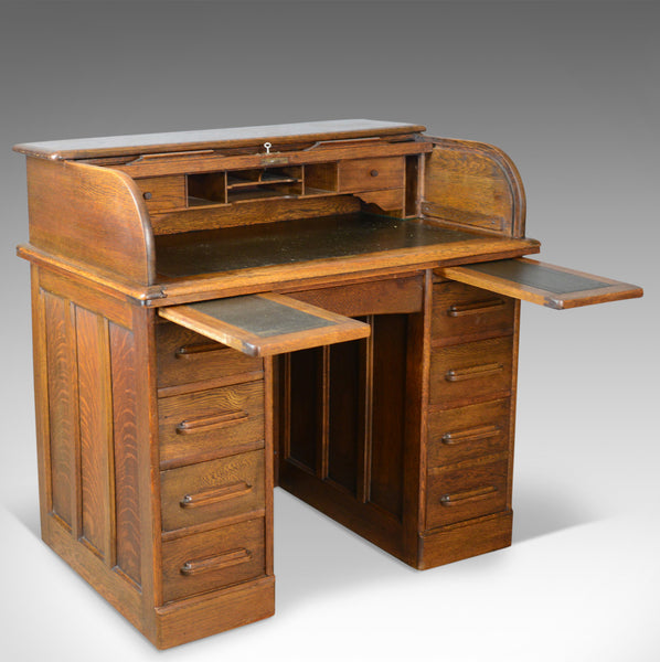 Small Antique Roll Top Desk, Oak, Tambour, William Angus and Co Ltd London c1910 - London Fine Antiques