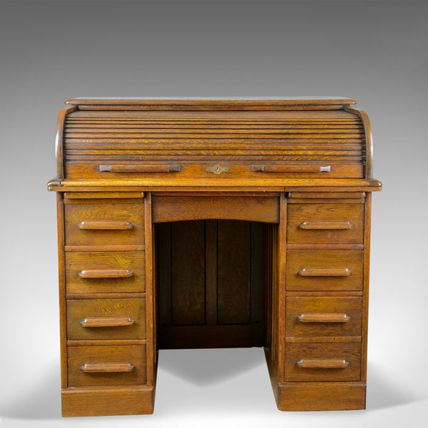 Small Antique Roll Top Desk, Oak, Tambour, William Angus and Co Ltd London c1910 - London Fine Antiques
