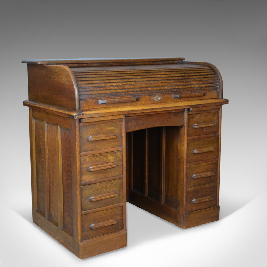 Small Antique Roll Top Desk, Oak, Tambour, William Angus and Co Ltd London c1910 - London Fine Antiques