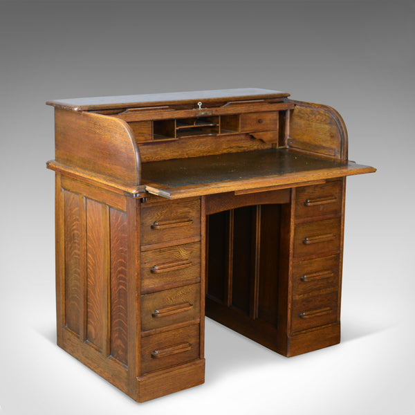 Small Antique Roll Top Desk, Oak, Tambour, William Angus and Co Ltd London c1910 - London Fine Antiques