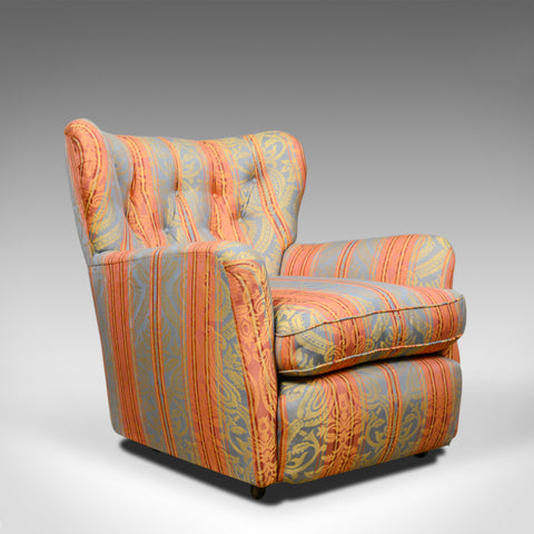 Small, Vintage Winged Armchair, English Mid C20th, Upholstered Button-Back Chair - London Fine Antiques