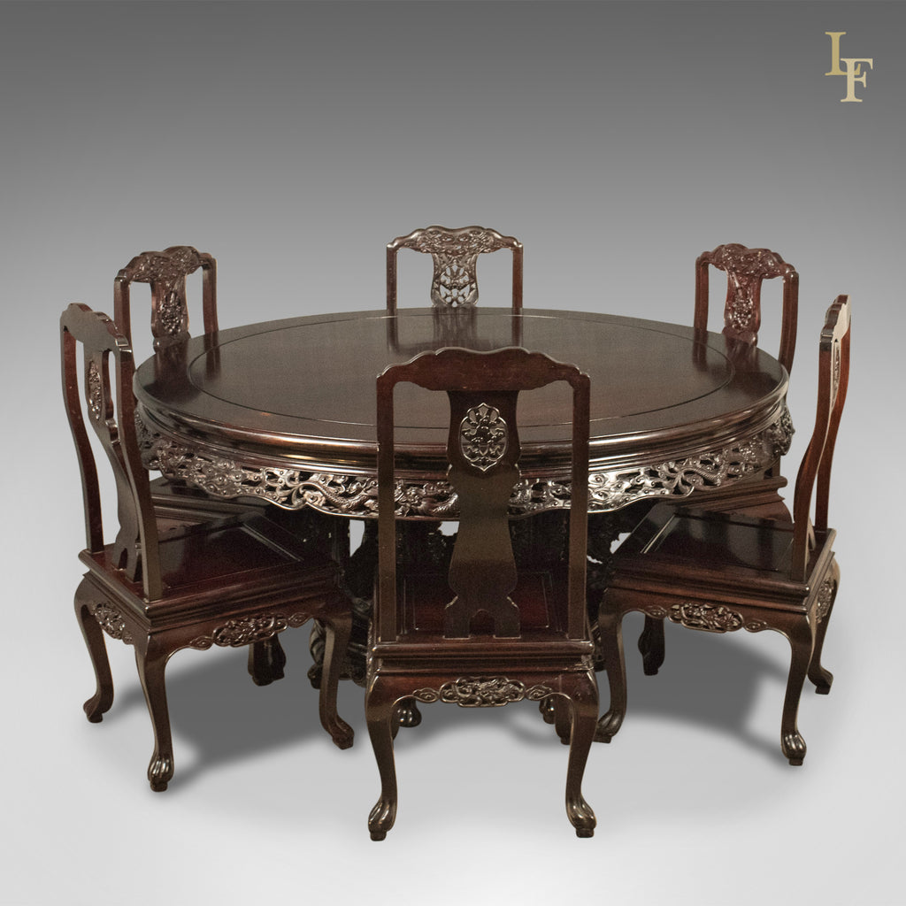 Traditional Oriental Rosewood Dining Table and Set of 6 Chairs Carved Late C20th - London Fine Antiques