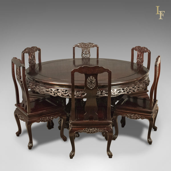 Traditional Oriental Rosewood Dining Table and Set of 6 Chairs Carved Late C20th - London Fine Antiques