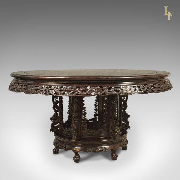 Traditional Oriental Rosewood Dining Table and Set of 6 Chairs Carved Late C20th - London Fine Antiques