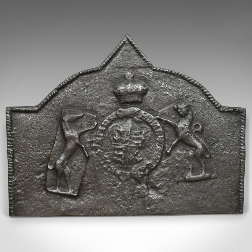 Tudor Revival Cast Iron Fire Back, Royal Crest, Lion, Greyhound, Victorian c1890 - London Fine Antiques
